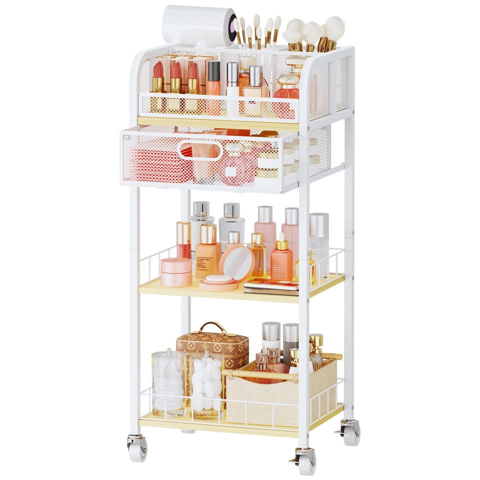 HapiRm makeup cart top view shows organized compartments for skincare and cosmetics