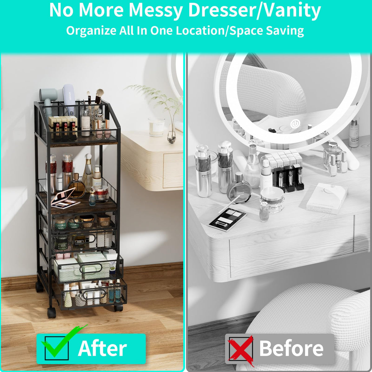 HapiRm vanity cart four drawers store sunglasses and creams efficiently.