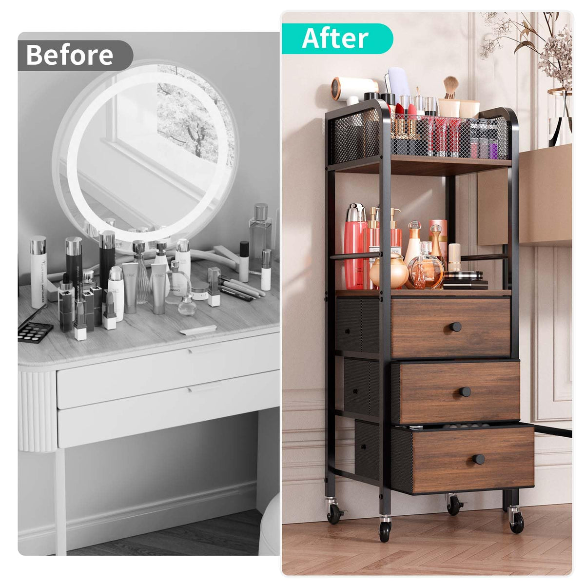 HapiRm cart middle open shelf for full-size cleansers and toners, quick reach