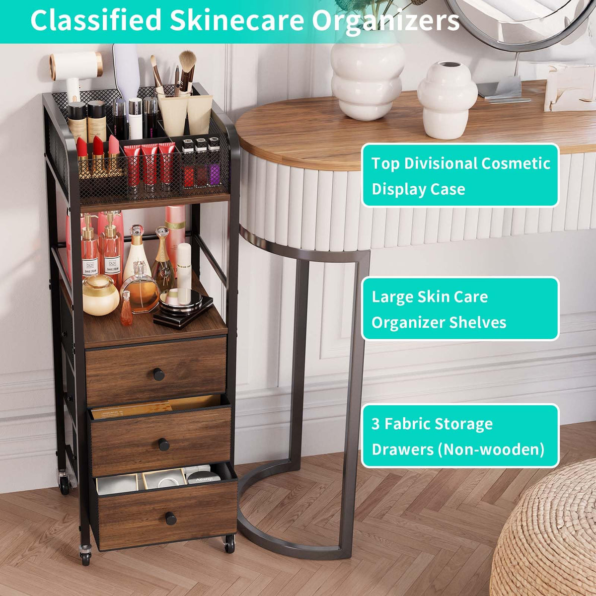HapiRm three-drawer section for creams, masks, and accessories, ample storage