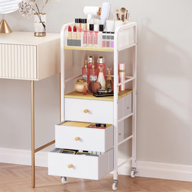 HapiRm rolling makeup cart top compartments keep brushes and perfumes neatly organized.