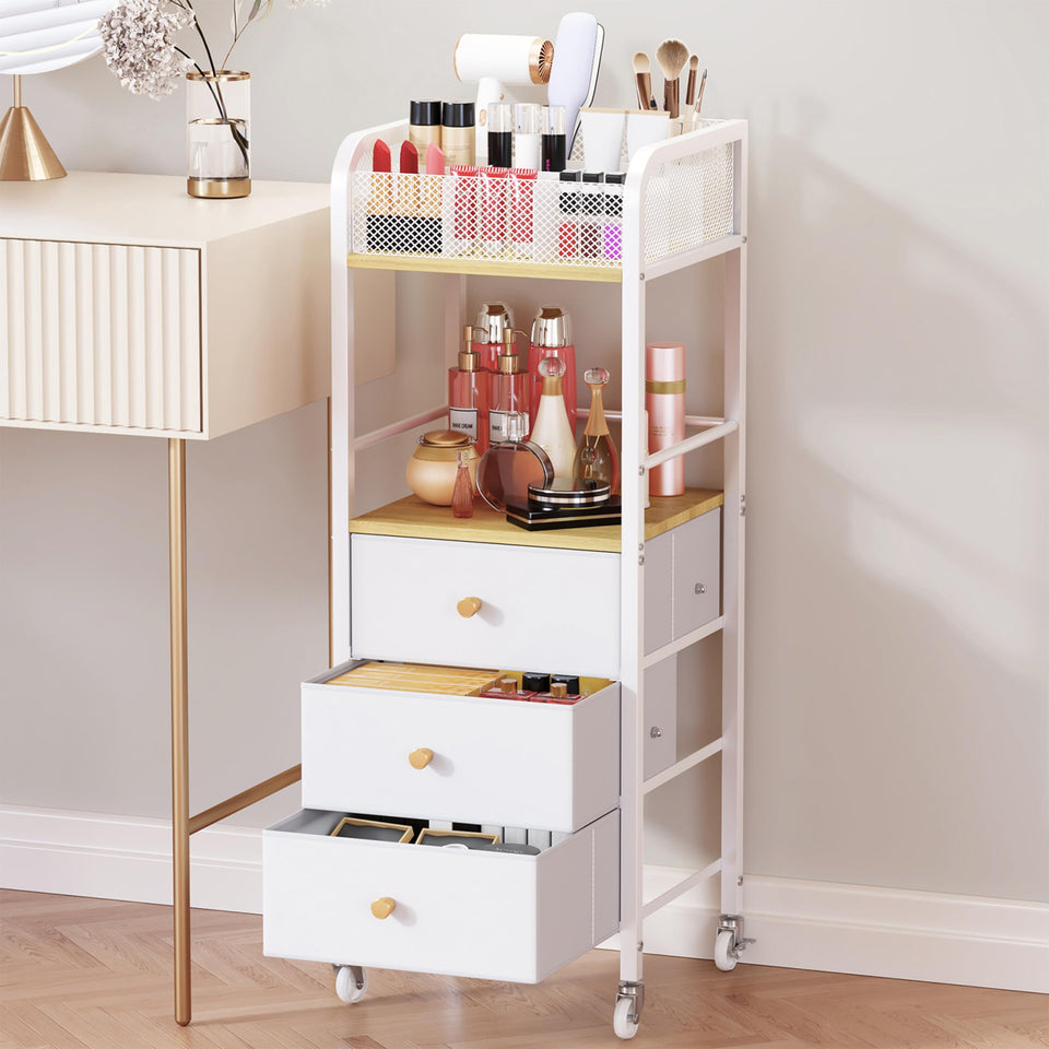 HapiRm rolling makeup cart top compartments keep brushes and perfumes neatly organized.