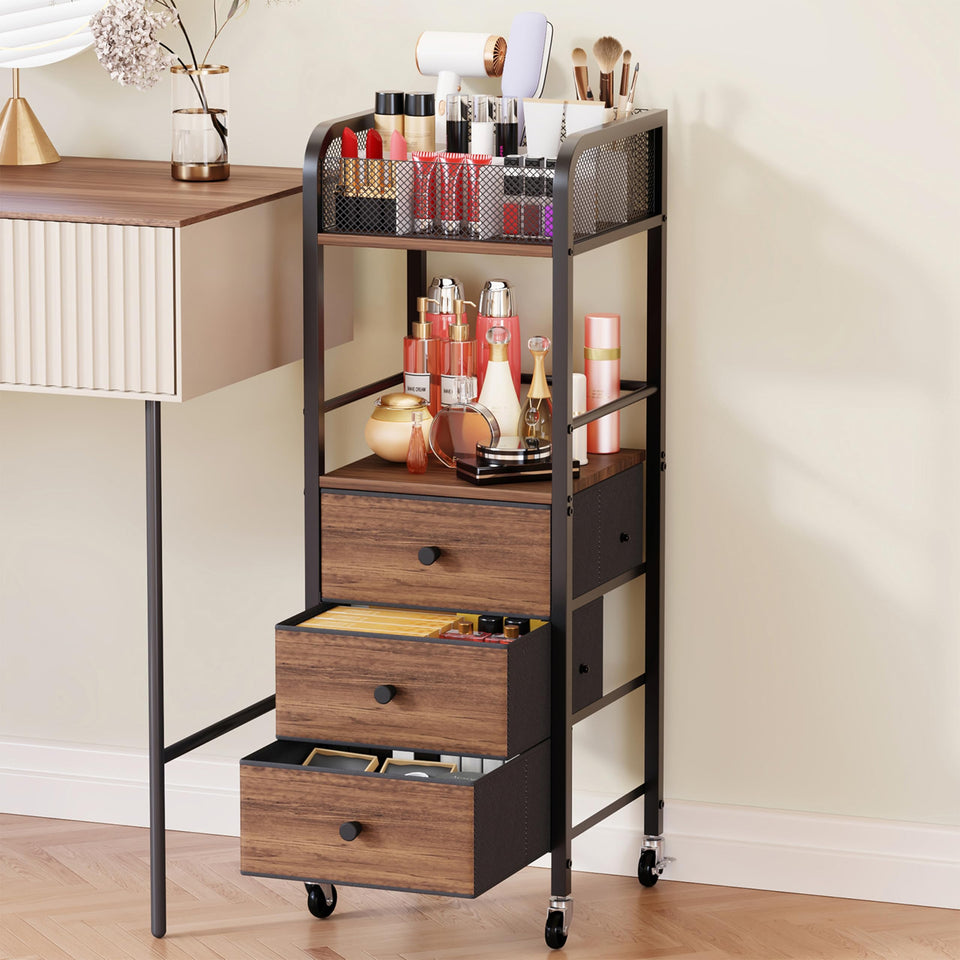 HapiRm rolling makeup cart top compartments for brushes and perfumes, organized and accessible