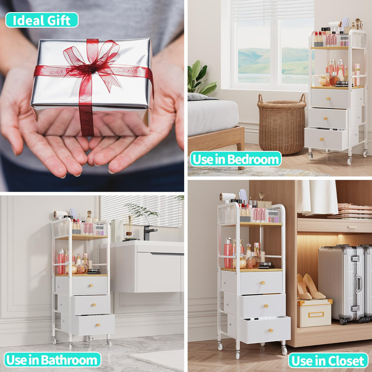 HapiRm sleek white and wood finish complements any vanity setup.