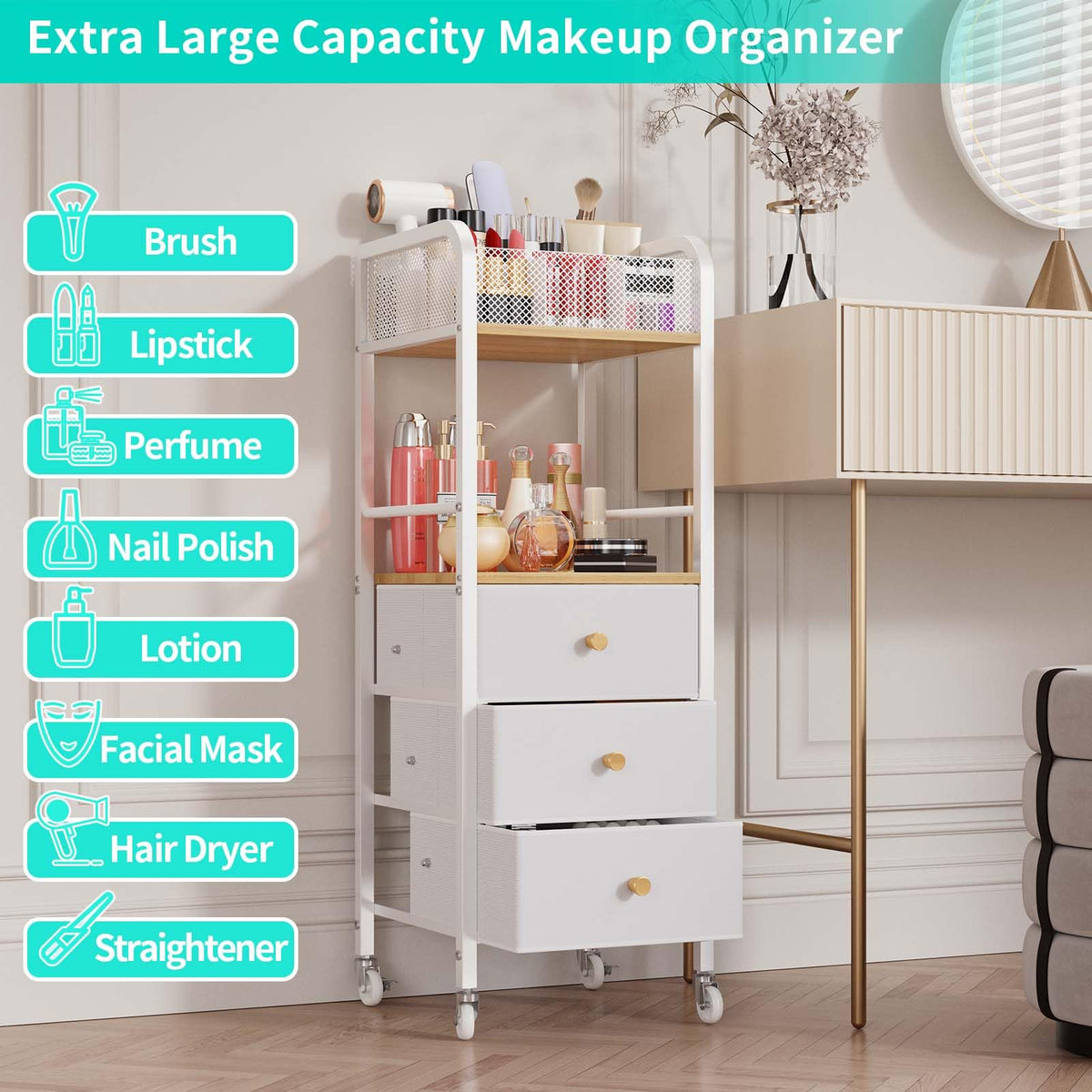 HapiRm three-drawer vanity keeps sunglasses and jewelry neatly sorted.