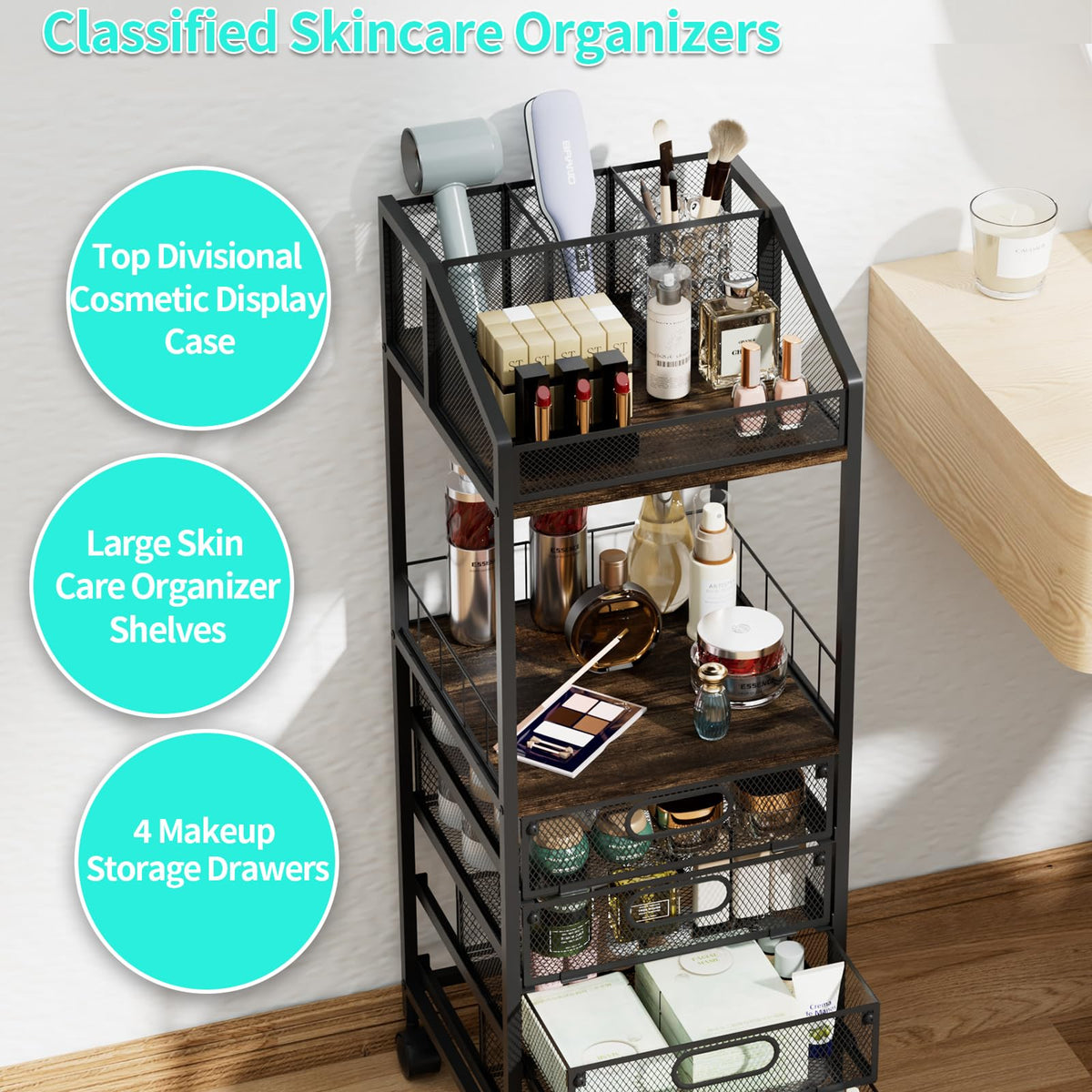 HapiRm vanity cart middle open shelf for full-size cleansers and toners.