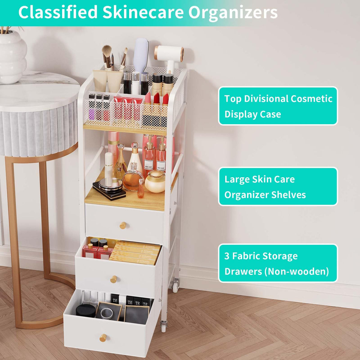 HapiRm vanity storage with three large drawers stores masks and cotton pads.