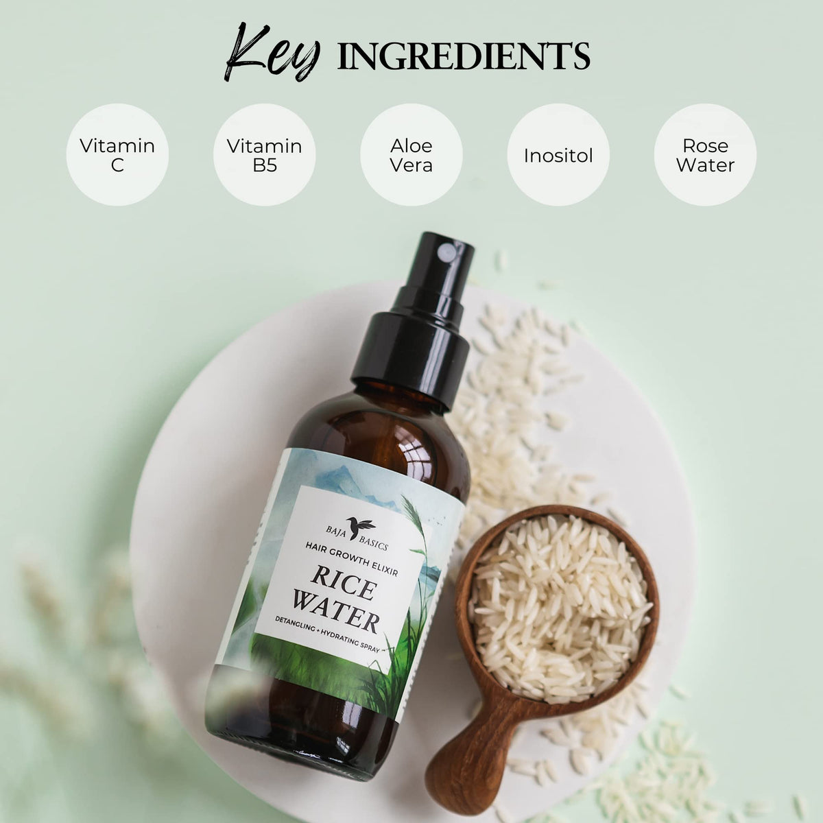 Happi Hummingbyrd ingredients closeup featuring rose water and aloe vera benefits.