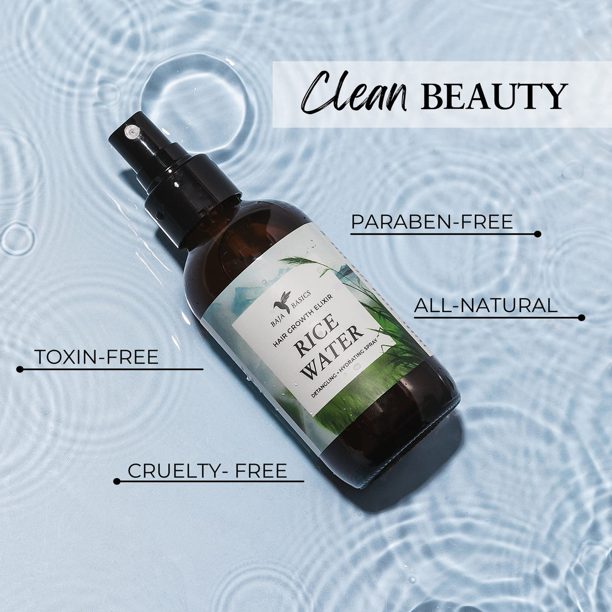 Happi Hummingbyrd rice water spray mist on damp hair for shine.