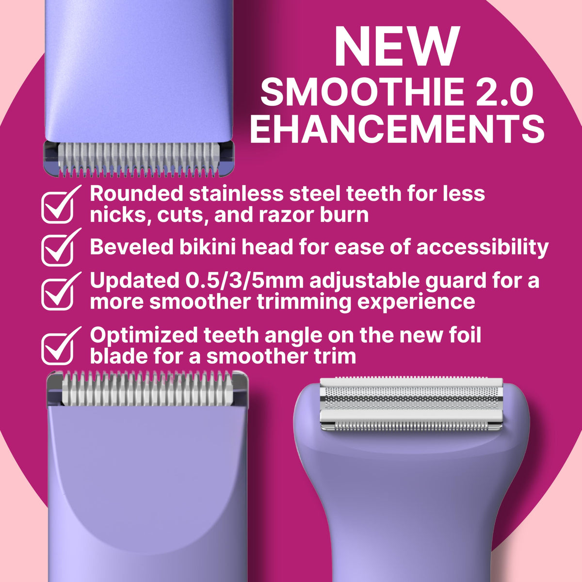 Happy Curves Smoothie 2.0 bikini trimmer with snap-on head for versatile grooming options