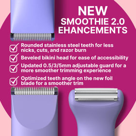 Happy Curves Smoothie 2.0 bikini trimmer with snap-on head for versatile grooming options