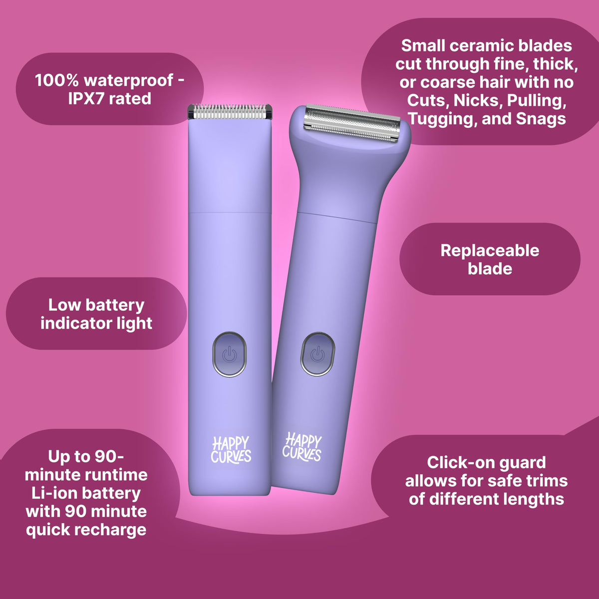 HAPPY CURVES Smoothie bikini trimmer long-lasting battery for extended grooming.