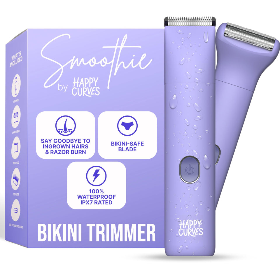 HAPPY CURVES Smoothie bikini trimmer with snap-on head for precise trimming and contouring.