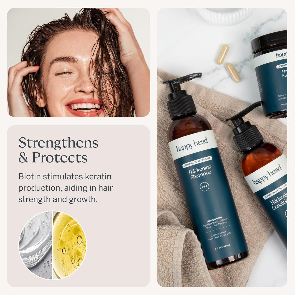 Happy Head biotin key ingredient signals strengthened strands.