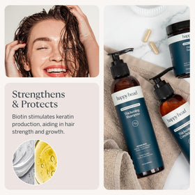 Happy Head biotin key ingredient signals strengthened strands.