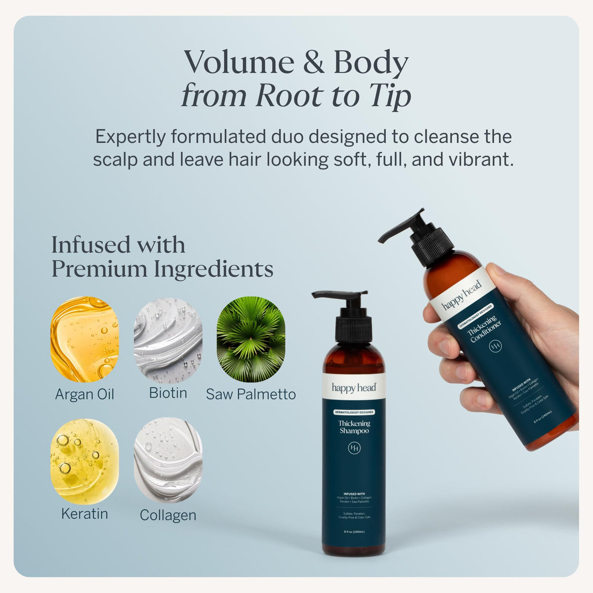 Happy Head conditioner bottle close-up showing daily conditioning for frizz control.