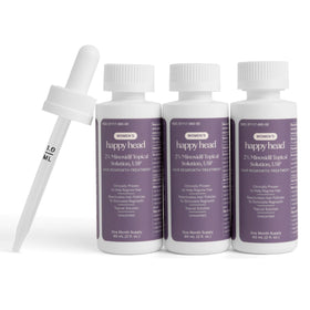 Happy Head Minoxidil 2% women bottle with dropper for precise scalp application.