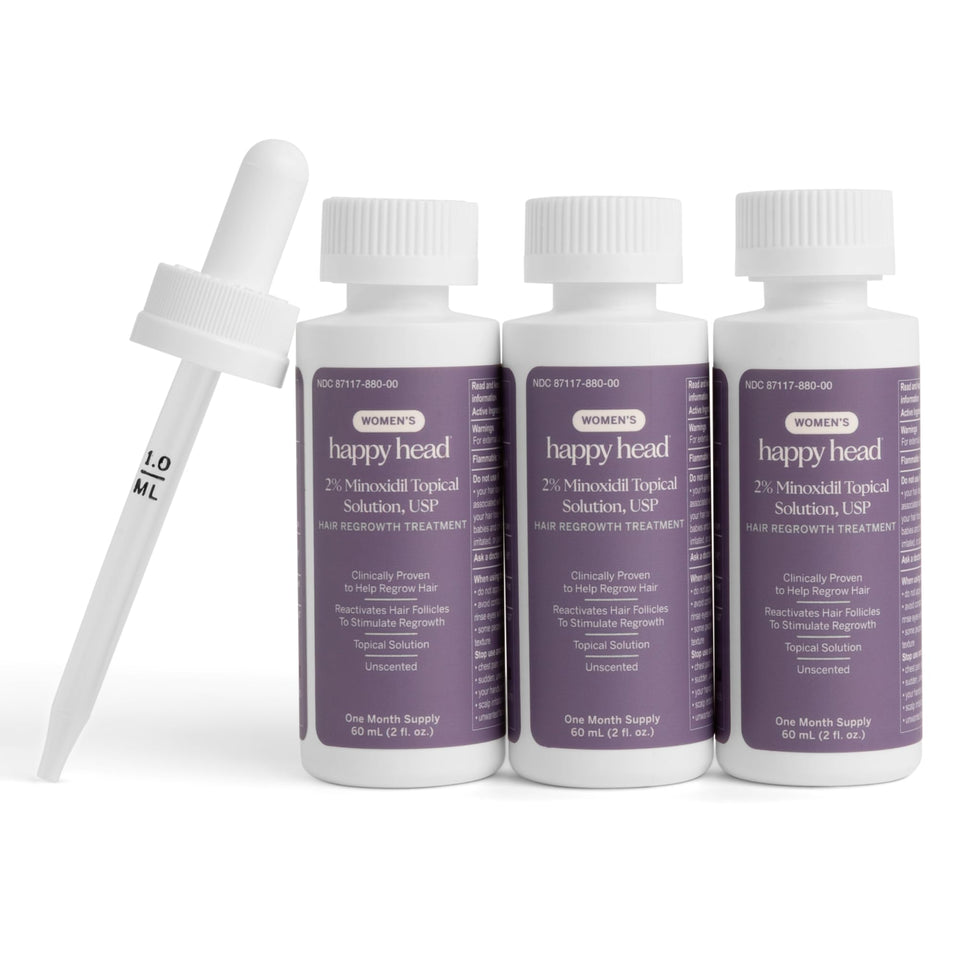 Happy Head Minoxidil 2% women bottle with dropper for precise scalp application.