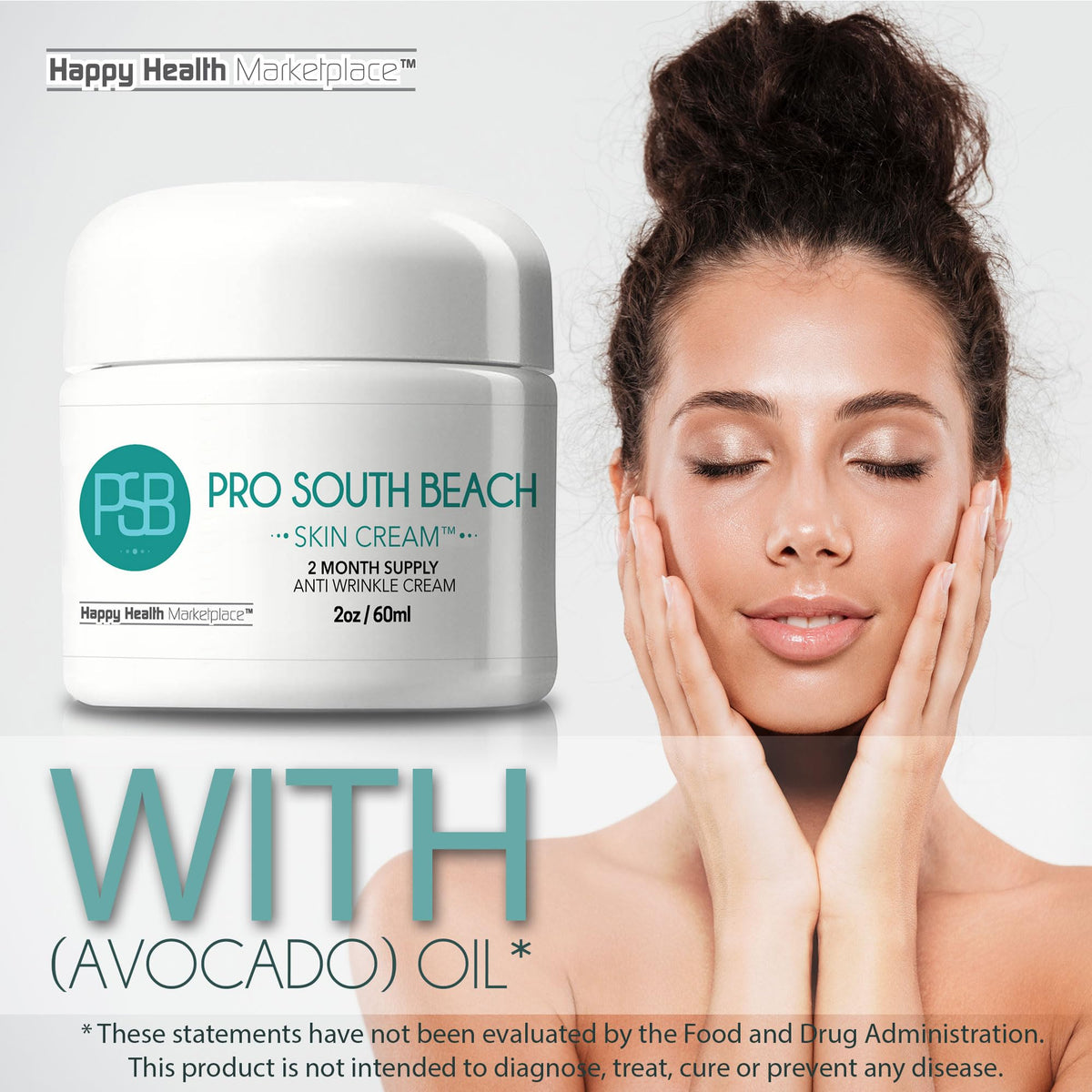 Happy Health Marketplace Pro South Beach Skin Cream label highlights USA-made dermatologist ingredients.
