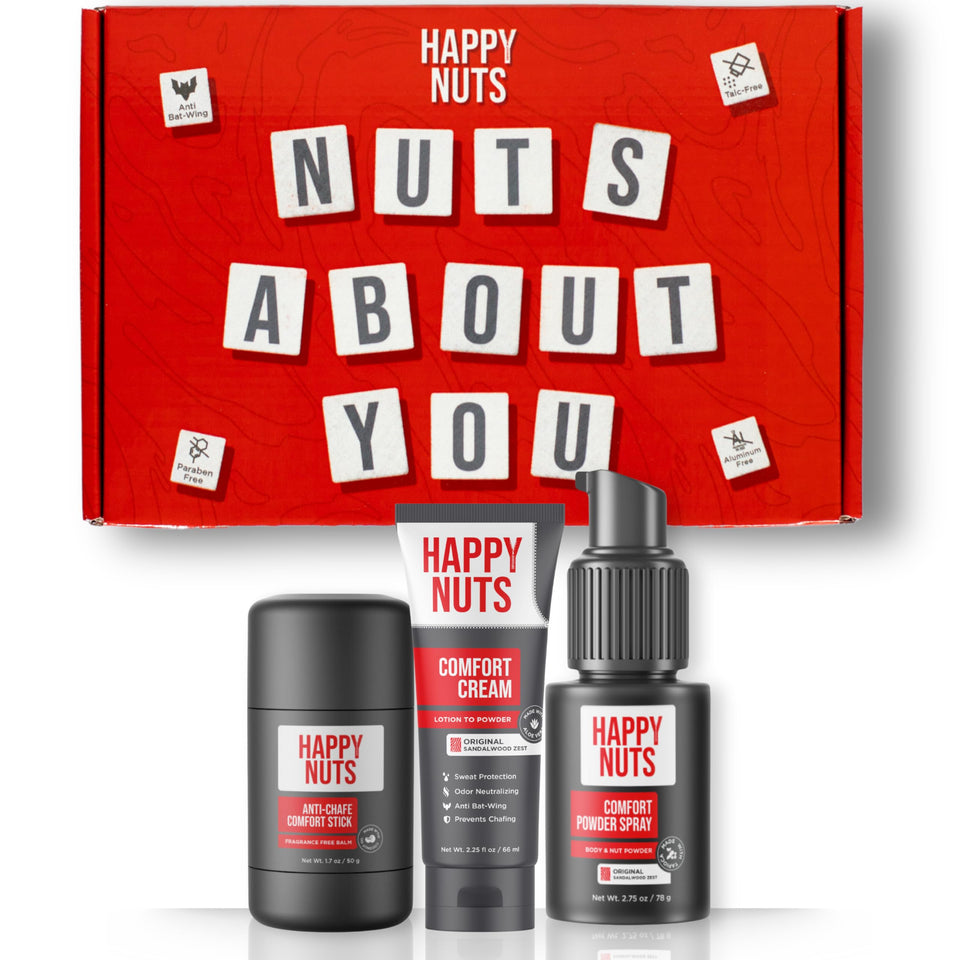 Happy NUTS anti-chafing stick showing a smooth glide for friction defense.