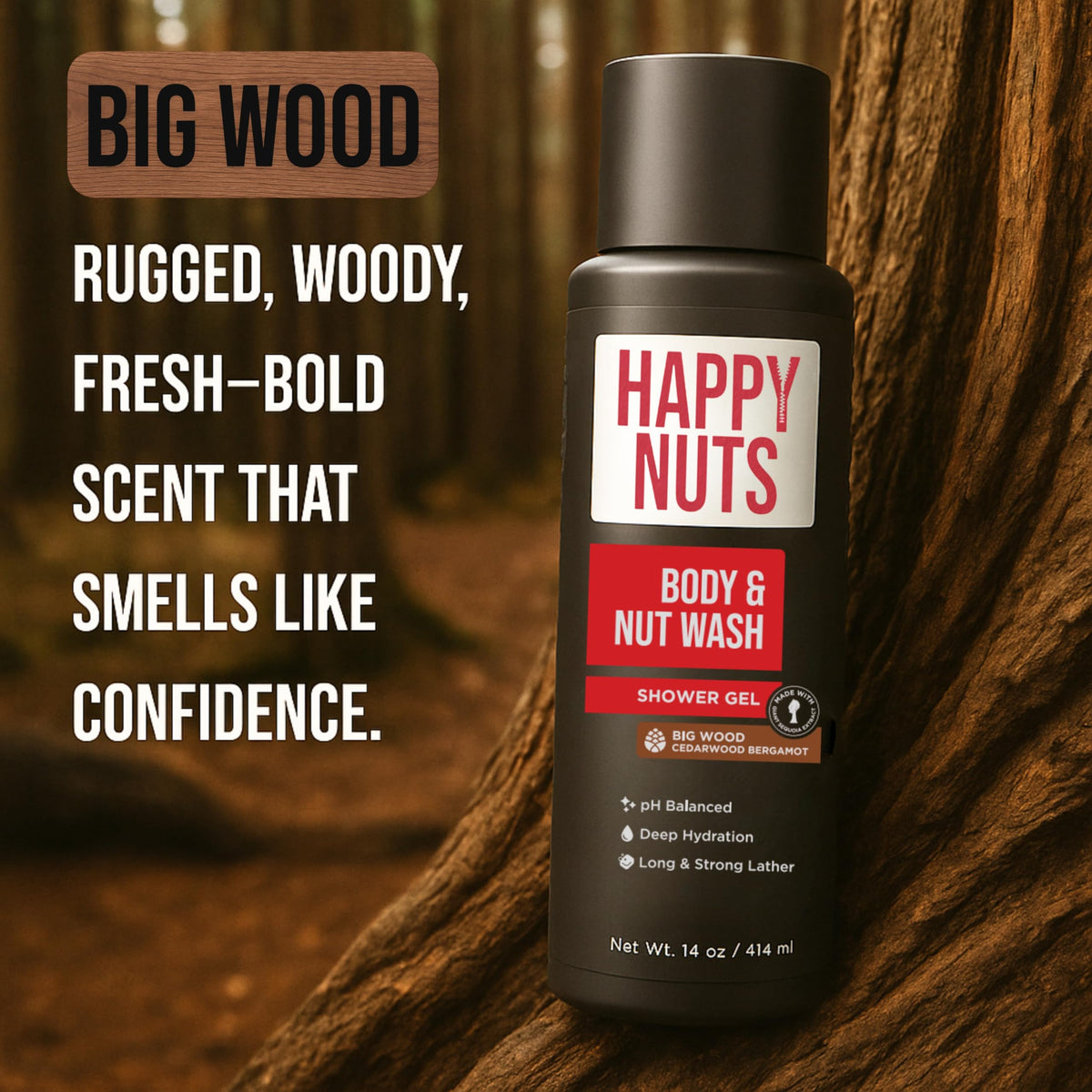 HAPPY NUTS Big Wood bottle beside towel suggests daily shower routine.