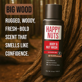 HAPPY NUTS Big Wood bottle beside towel suggests daily shower routine.