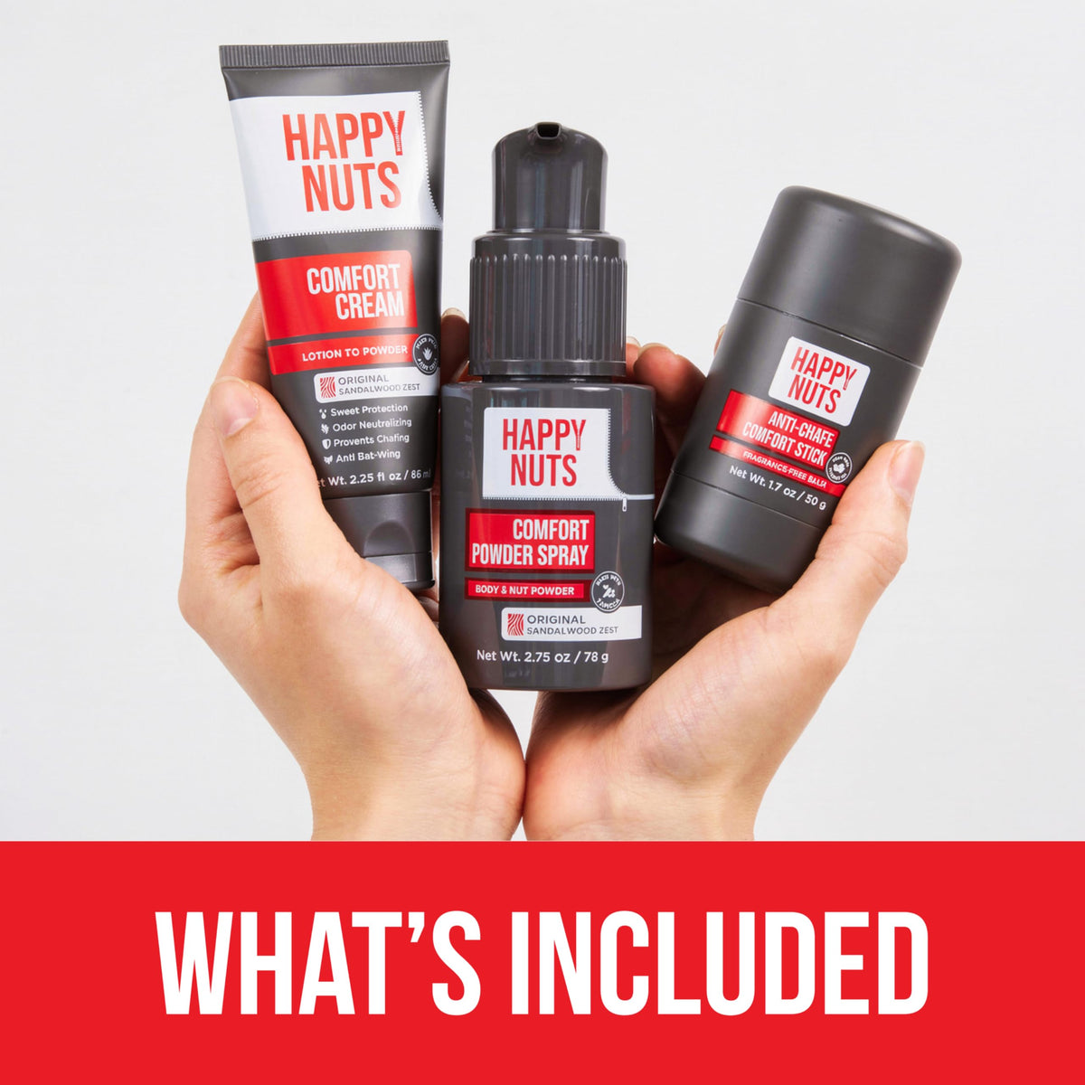 Front view of the Happy NUTS gift set featuring three essential products.