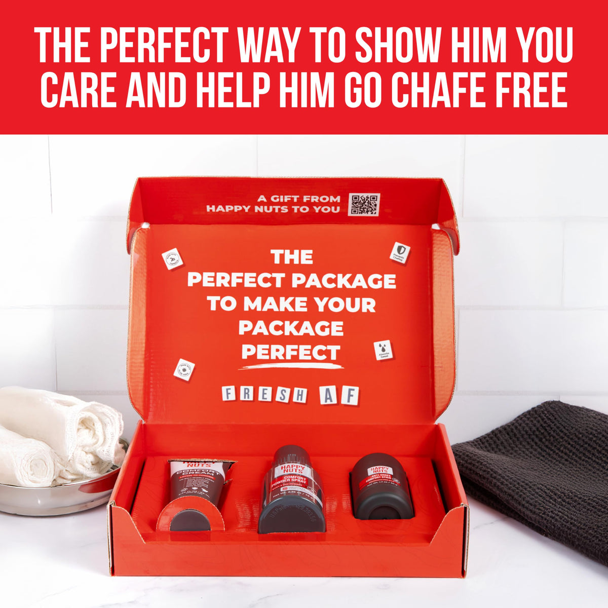 Inside view of the Happy NUTS men's grooming kit with three products.