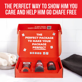 Inside view of the Happy NUTS men's grooming kit with three products.