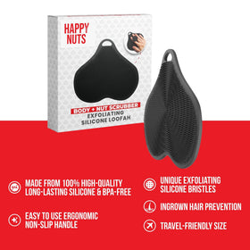 HAPPY NUTS silicone body scrubber anti-slip loop keeps it secure on hand during scrubbing