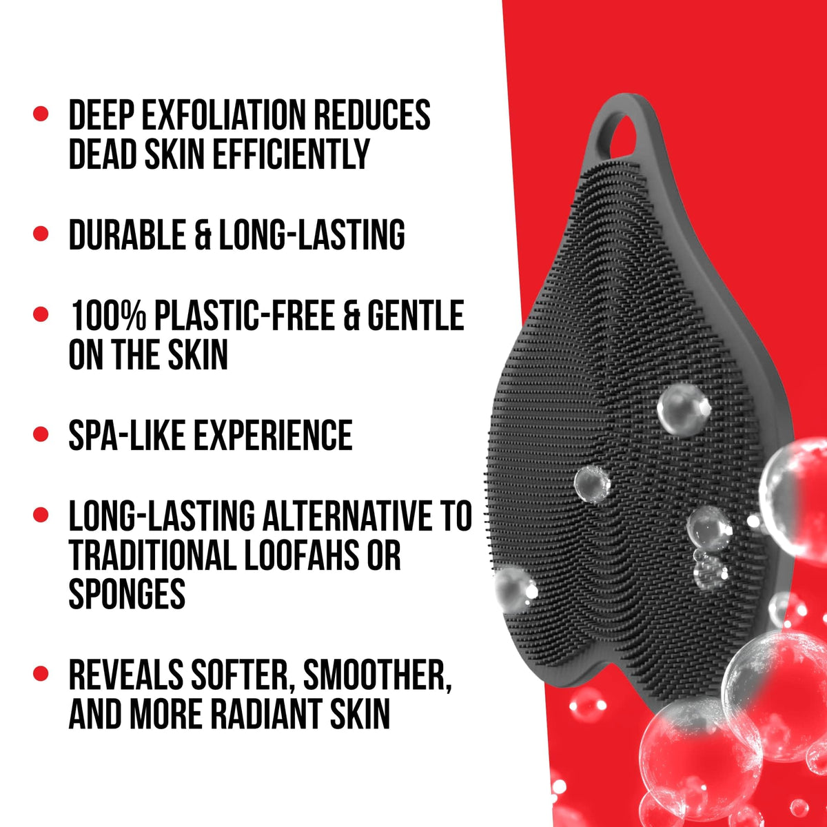 HAPPY NUTS silicone body scrubber closeup shows soft silicone material for gentle exfoliation