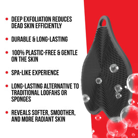 HAPPY NUTS silicone body scrubber closeup shows soft silicone material for gentle exfoliation