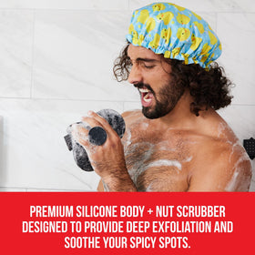 HAPPY NUTS silicone body scrubber hanging in shower ready for quick dry and grab-and-go