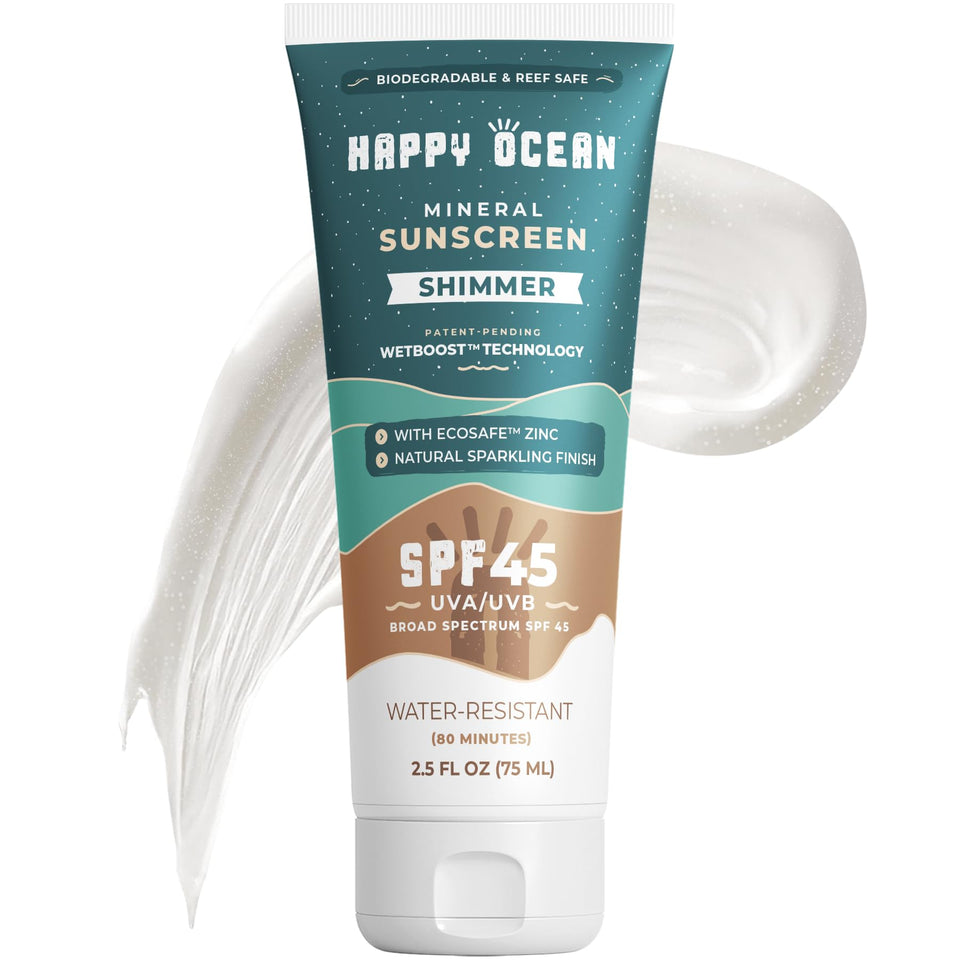 Happy Ocean Shimmer Sunscreen bottle displaying radiant mineral glitter on skin