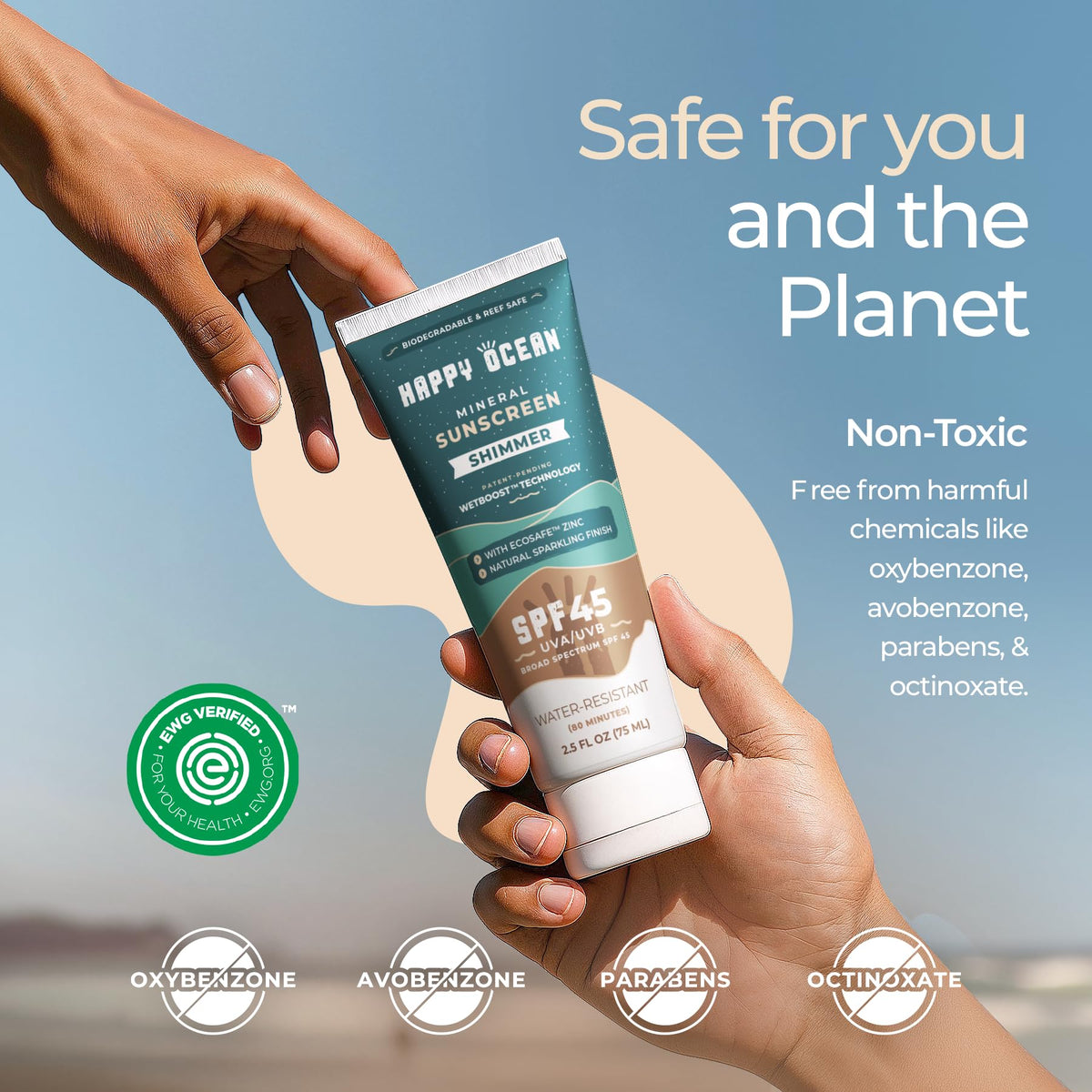 Happy Ocean Shimmer Sunscreen spread on arm showing buildable shimmer