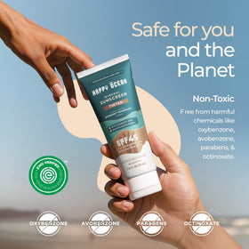 Happy Ocean SPF 45 sunscreen application swirl demonstrates seamless skin finish.