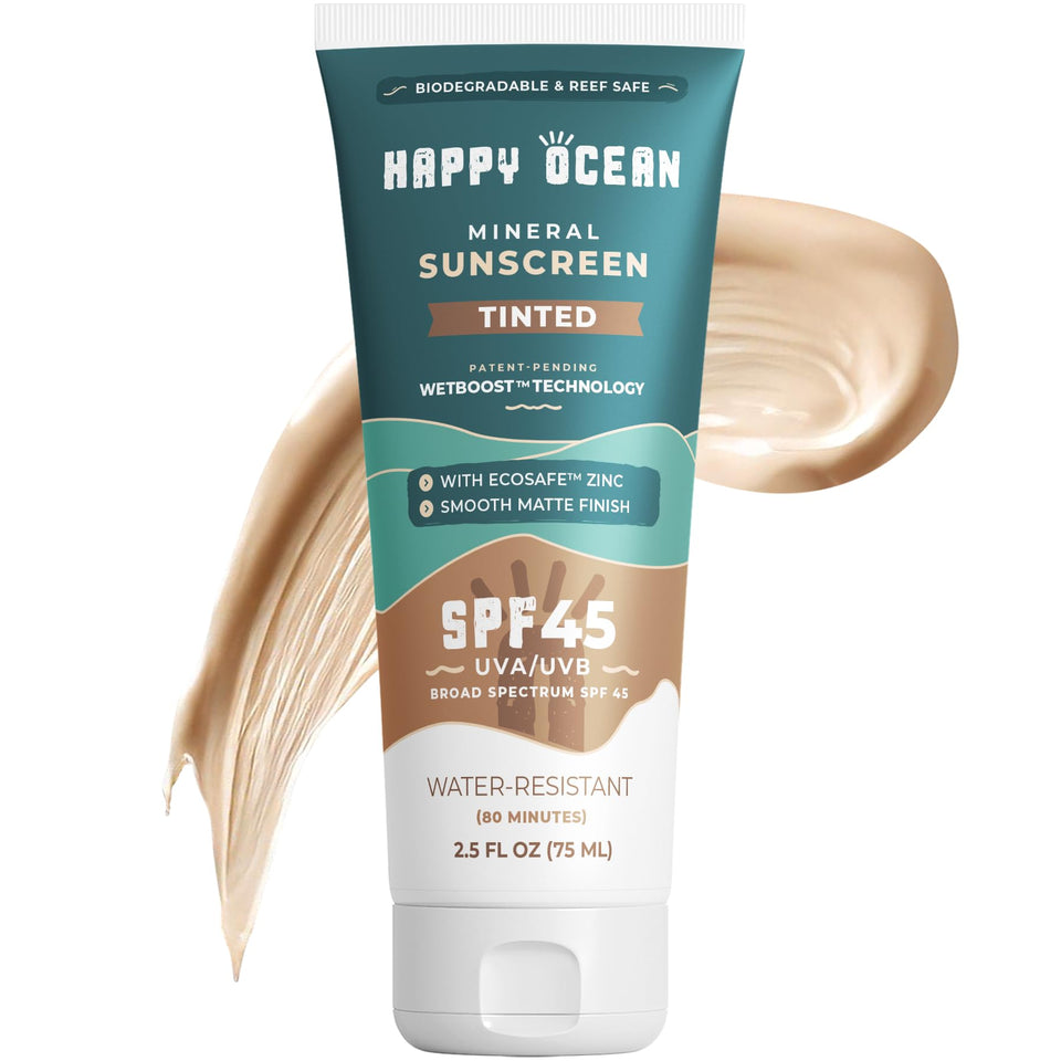 Happy Ocean tinted mineral sunscreen SPF 45 bottle with natural tint and reef-safe protection.
