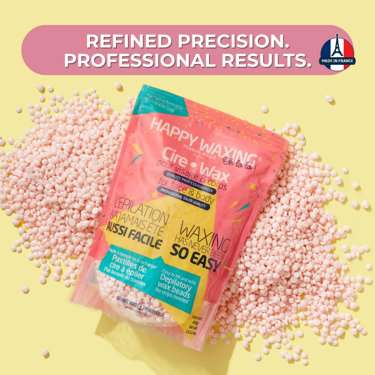 Happy Waxing refill beads side view highlighting flexible formula for smooth single-pull removal