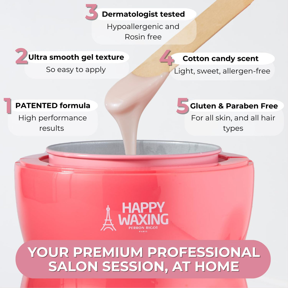Happy Waxing low-temp melt texture emphasizes safe application on delicate areas