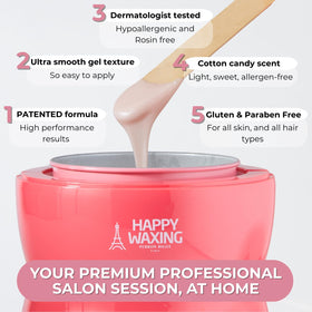 Happy Waxing low-temp melt texture emphasizes safe application on delicate areas