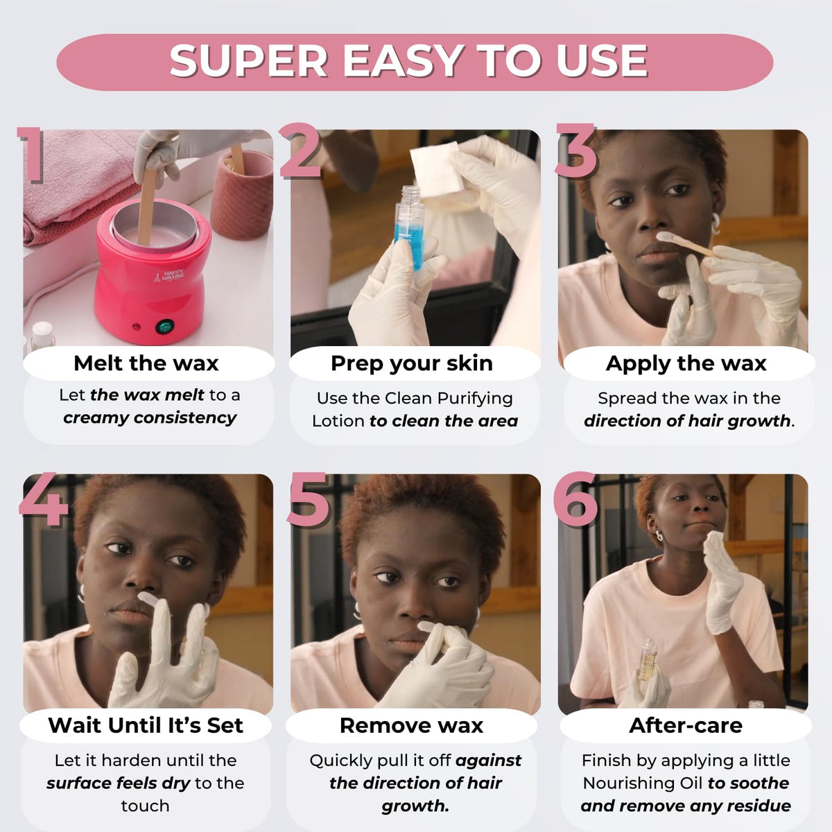 Happy Waxing one-pull removal demonstrates easy, efficient waxing without strips