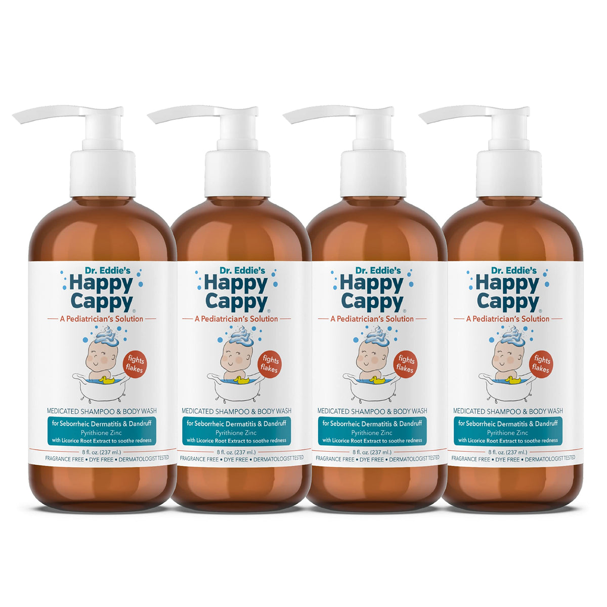 Happy Cappy medicated shampoo bottle front showing fragrance-free pediatric formula for cradle cap.