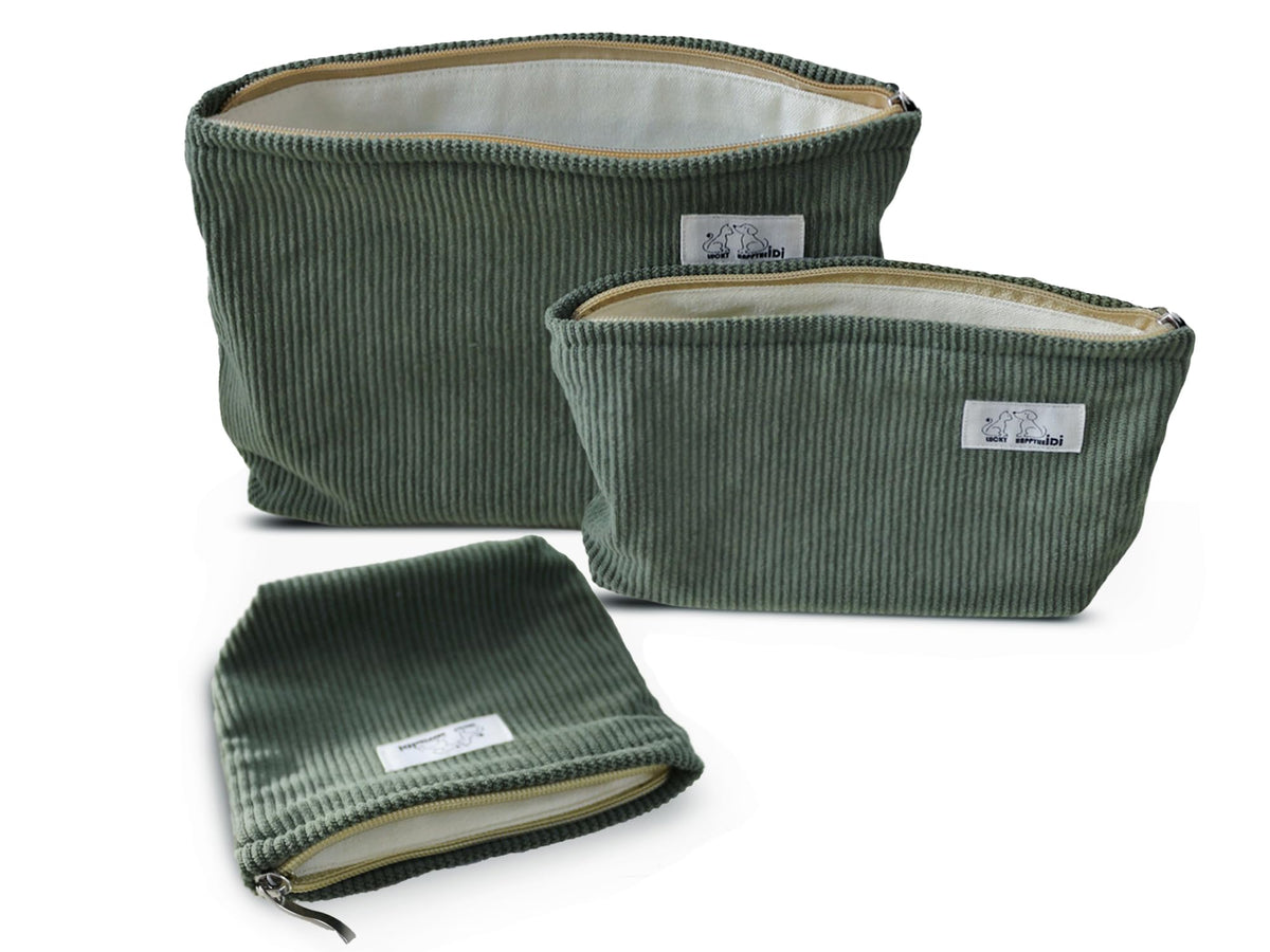 HappyHeidi large corduroy makeup bag with wide opening for easy access.