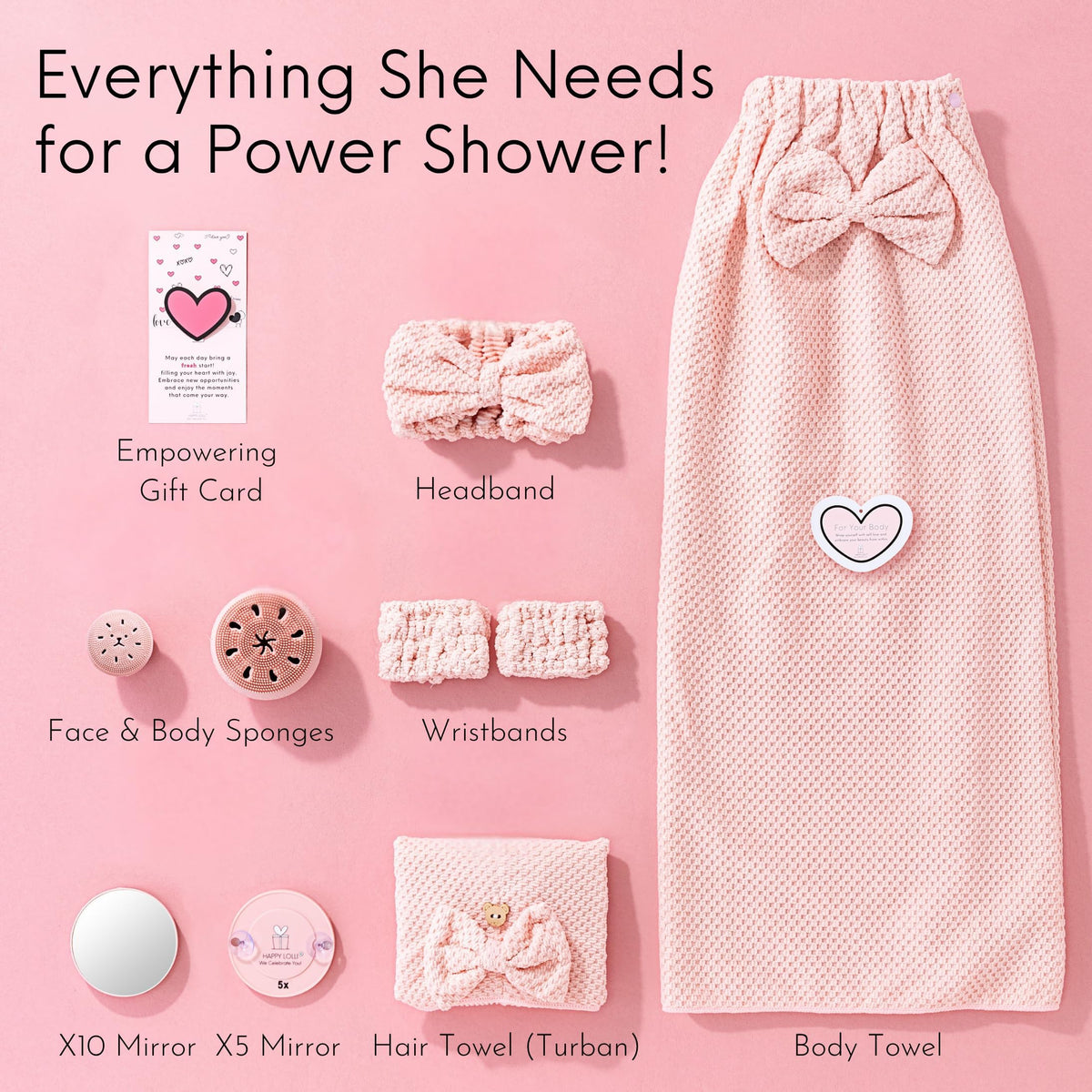 HAPPY LOLLI Power Shower Gift Set hair towel turban keeps hair neatly wrapped after shower.