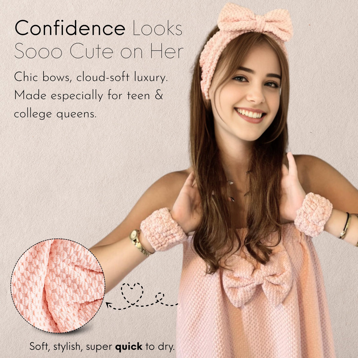 HAPPY LOLLI Power Shower Gift Set towel headband keeps hair out of the face during routines.