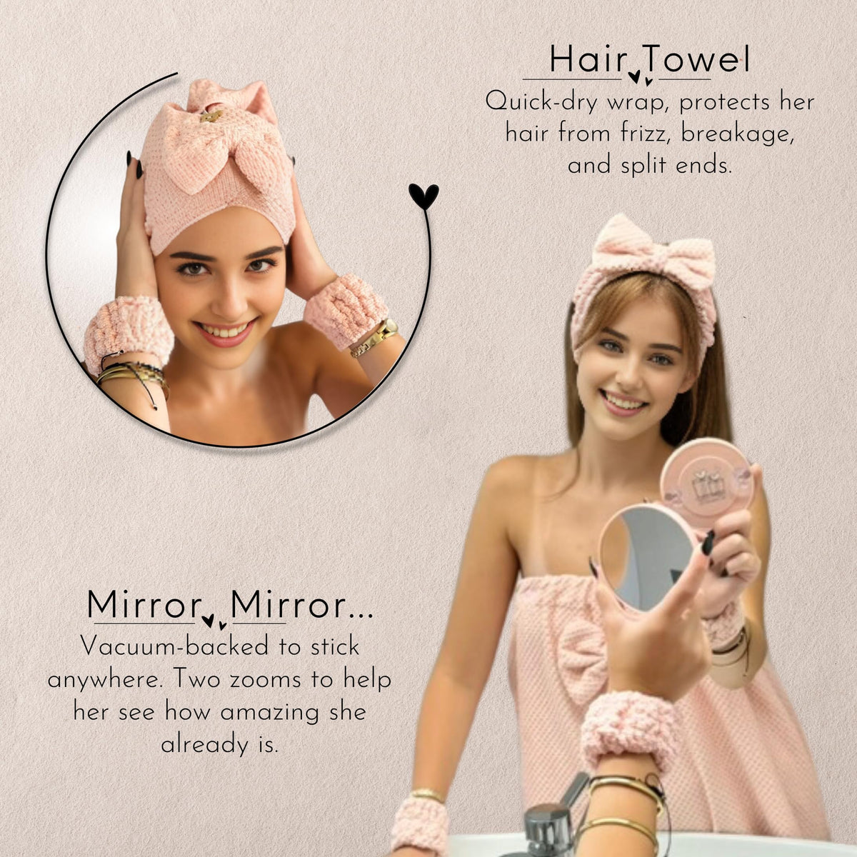 HAPPY LOLLI Power Shower Gift Set magnifying mirrors for precise makeup checks.