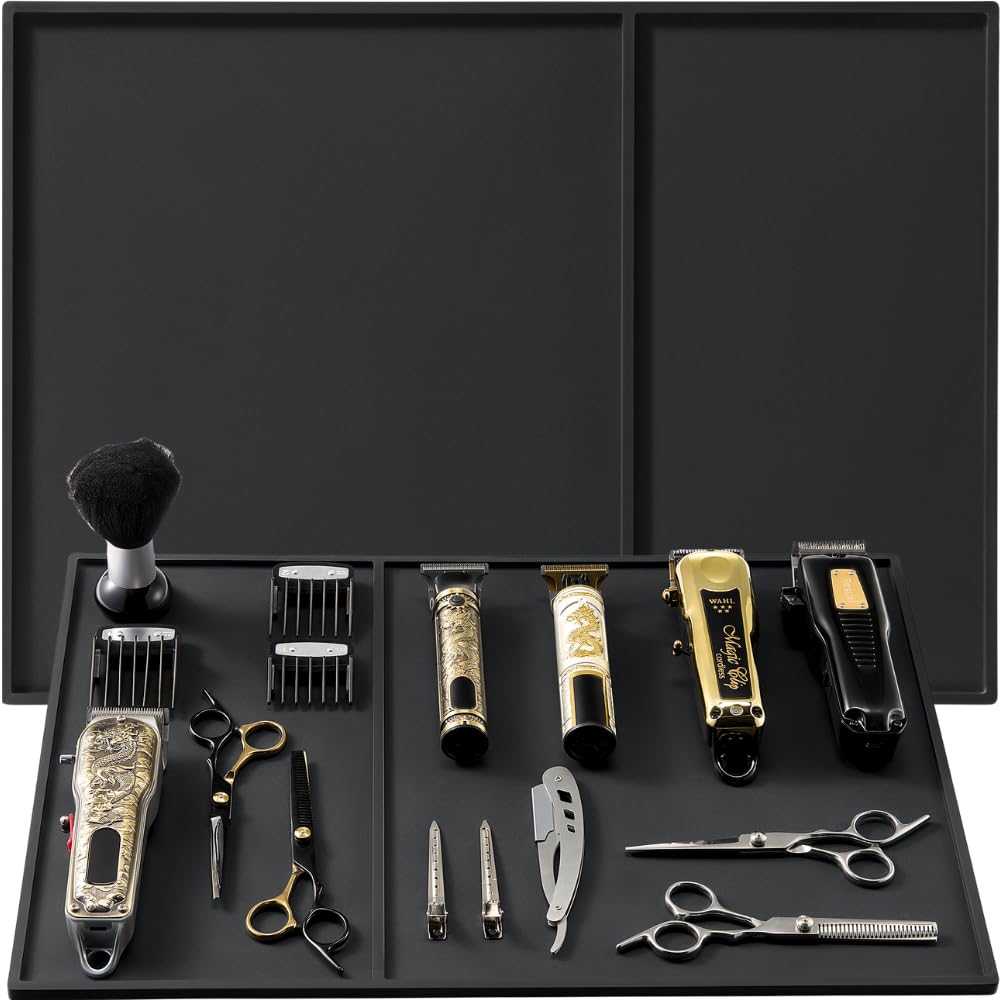 HAPPYPOSH barber mat 20x14 top view highlights room for multiple clippers and tools.