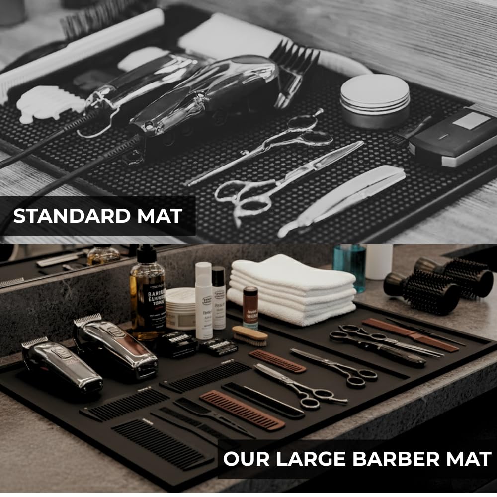 HAPPYPOSH barber mat protective surface shields countertops from scratches.
