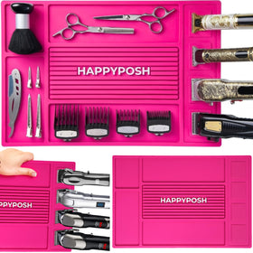 HAPPYPOSH Magnetic Barber Mat pink clipper spaces for secure tool placement.