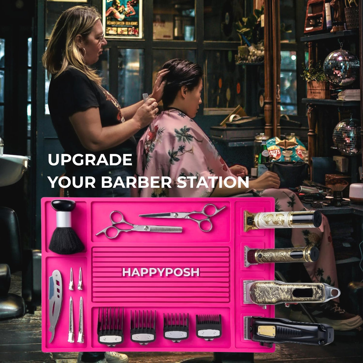 HAPPYPOSH Durable pink barber mat withstands daily professional use.